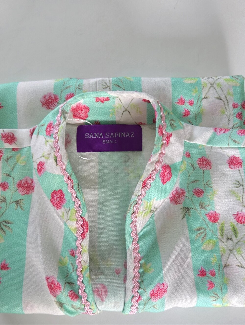 Sana Safinaz S Mint Green Pink Floral Tunic Striped Kurti Boho Top Rickrack Trim